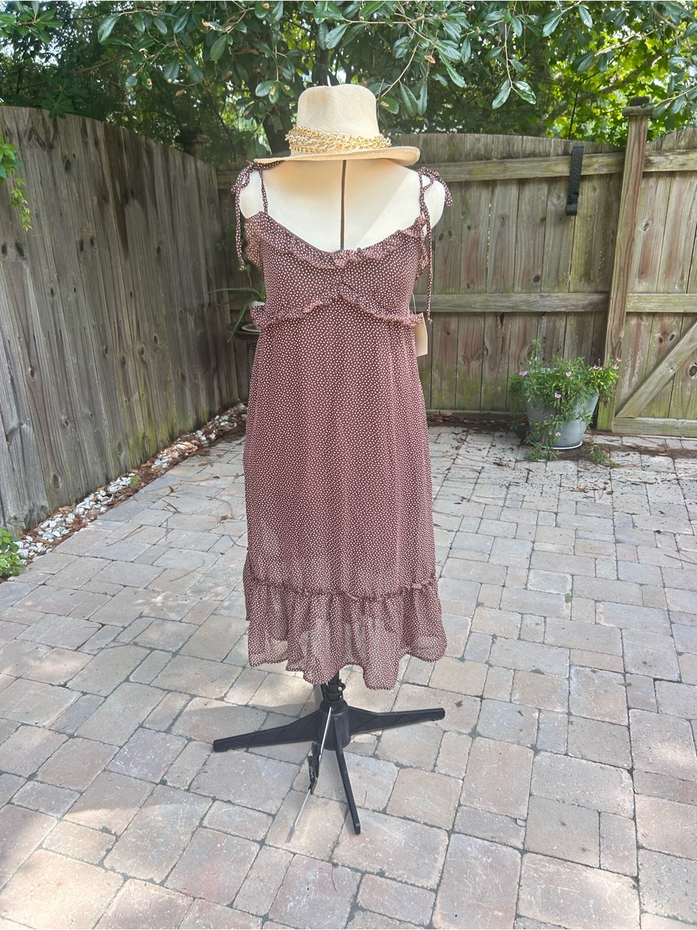 Brown Polka Dot Tie-Strap Ruffle Midi Dress